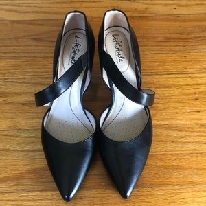 Two inch black strap heels